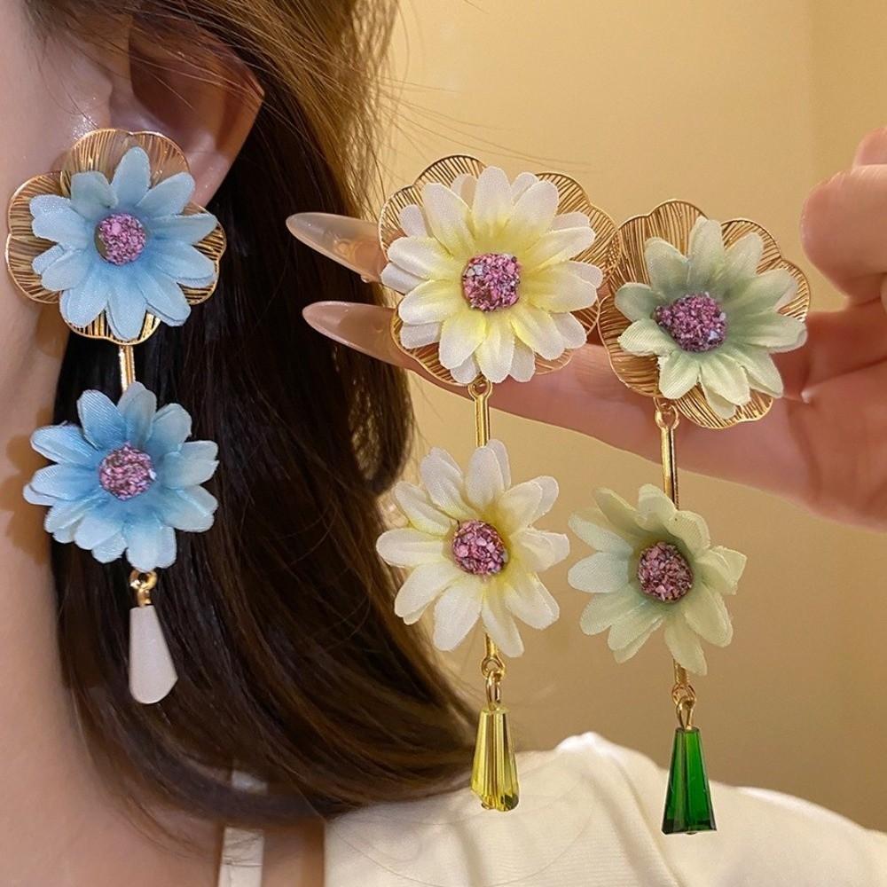 Sweet Fabric Flower Earrings Colorful Crystal Drop Earrings Floral Pendant Earrings Gift