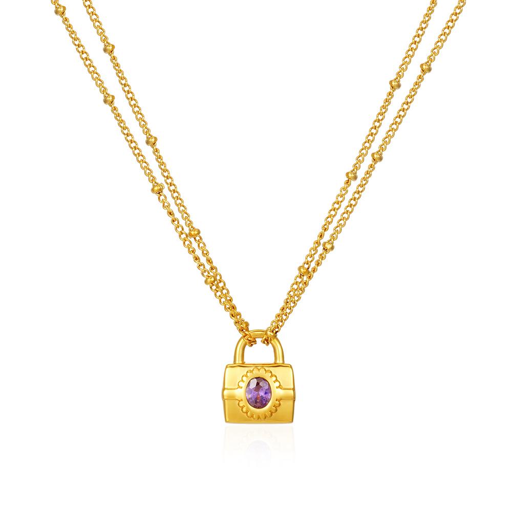 Minimalist Purple Diamond Padlock Pendant Necklace - Stainless Steel Double-Layer Clavicle Chain for Women