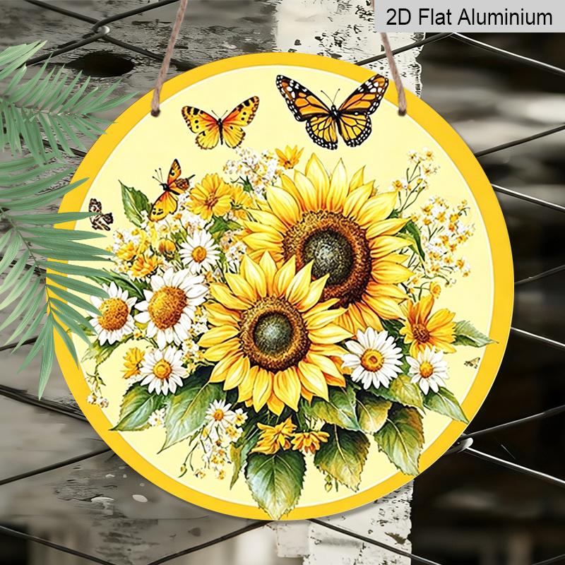 2D Flat, 1pc Round Aluminum Hanging Sign, Bright Sunflower & Monarch Butterfly Metal Wall Art, Floral Daisy Bouquet Design, Perfect for Garden