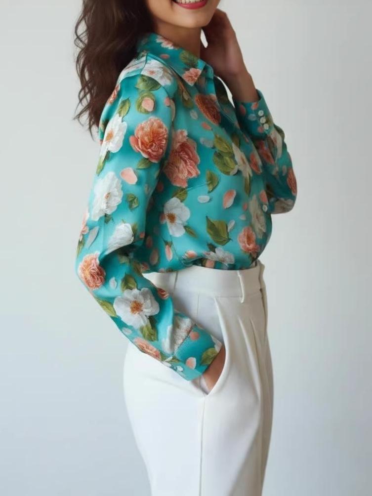 European & American Women's Printed Casual Loose Long Sleeve Shirt