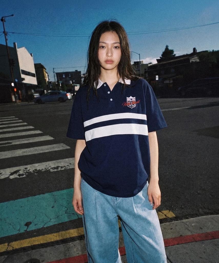 Wojeu [Koin Seoul X Was] Rugby Double Stripe Collared T-Shirt (Navy)