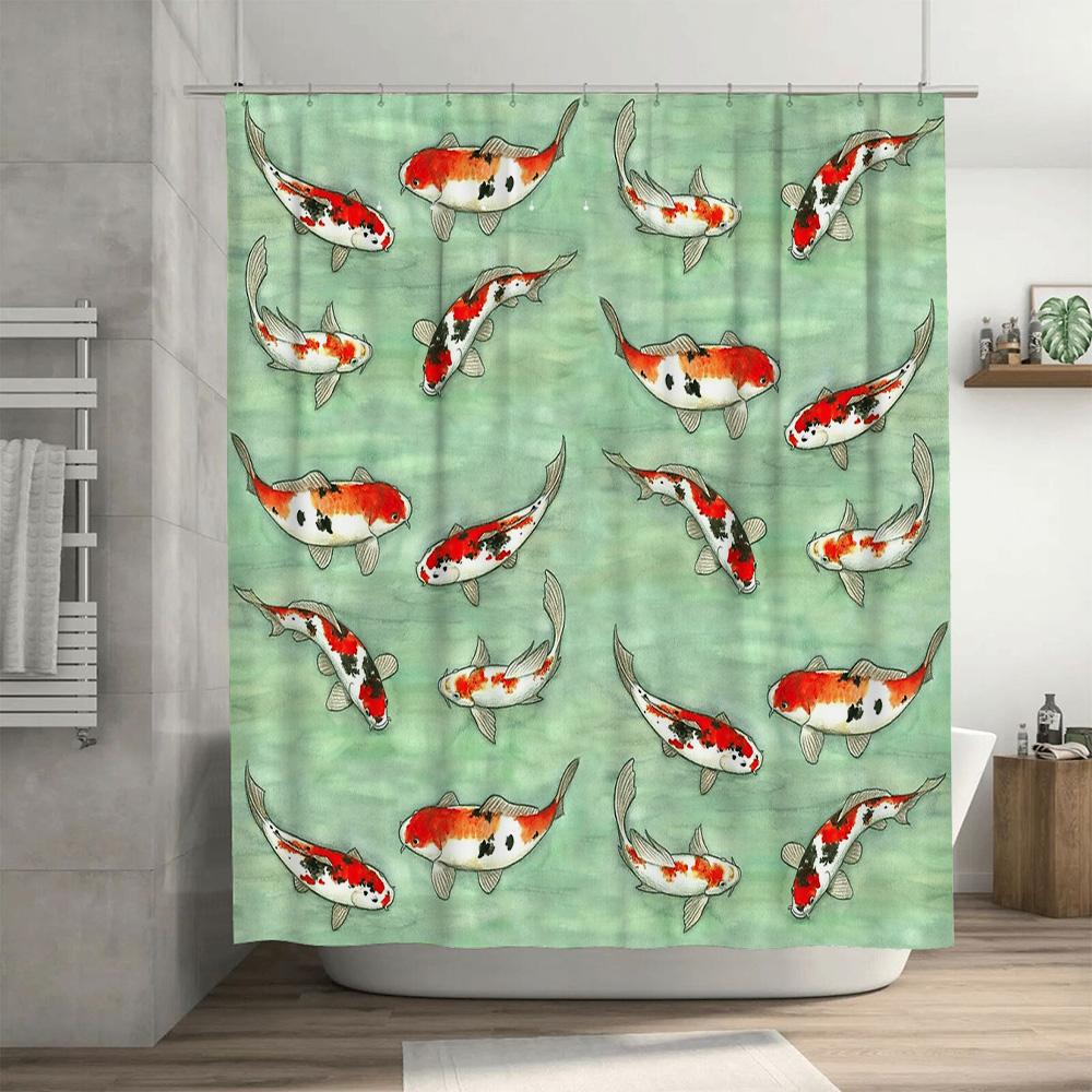 Japanischer Koi-Fisch Duschvorhang Künstlerisches Ozeanblau Badezimmer-Deko-Set Wasserdicht Modernes Muster Waschraum-Hintergrund