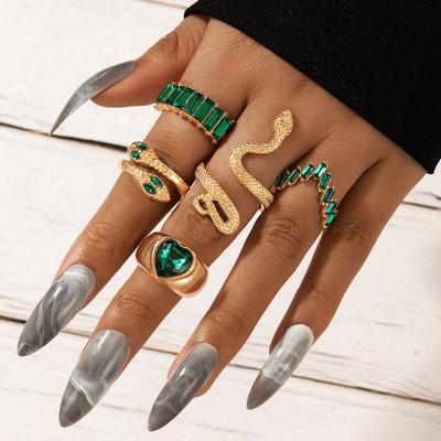 6 teile/satz Schlange Herz Geometrische Ring Smaragd und Diamant Ring