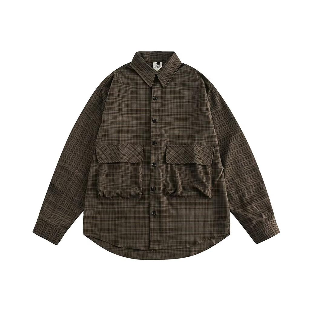 Japanese-Style Retro Large Pocket Plaid Long-Sleeved Shirt Men and Women Vintage Multi-Pocket Couple Contrast Color Shirt Coat