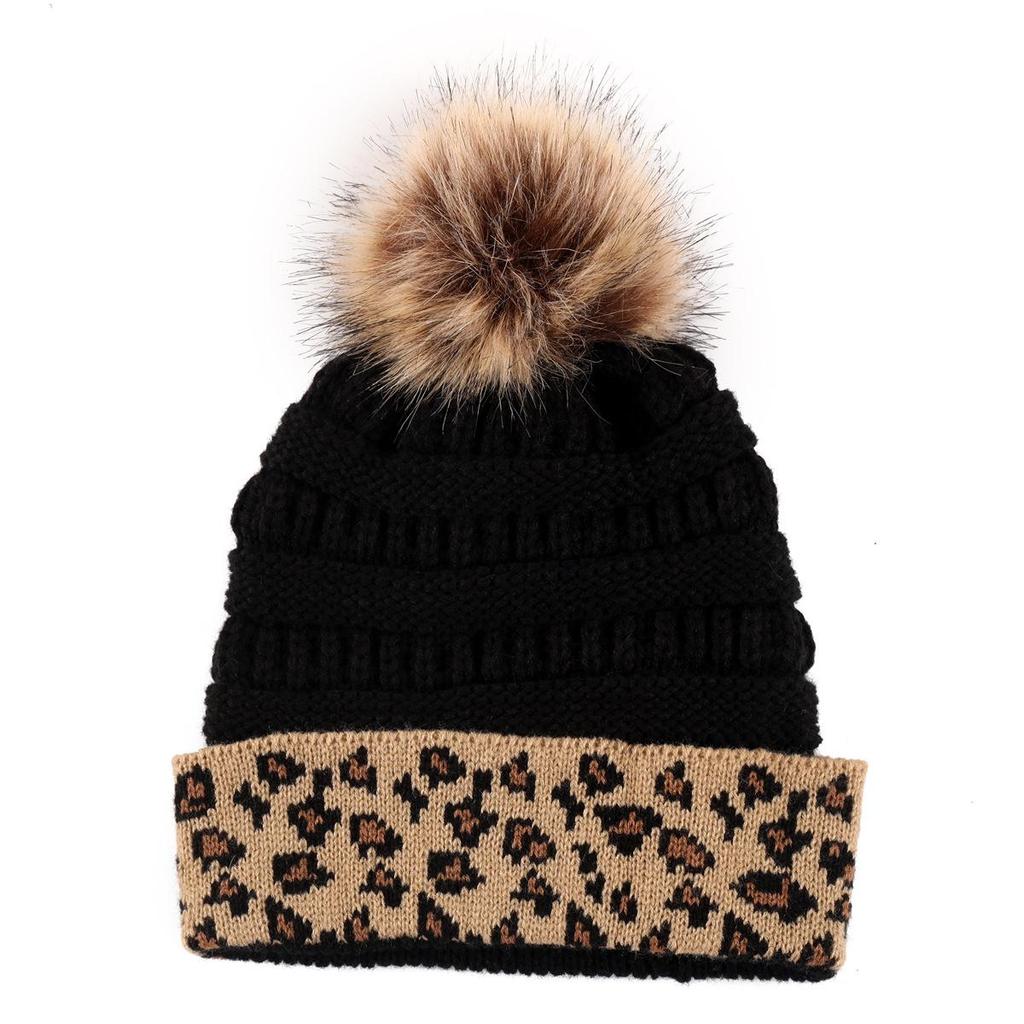 Herbst Winter Damen Verdickte Wärme Gestrickte Wolle Leopardenflor Hut