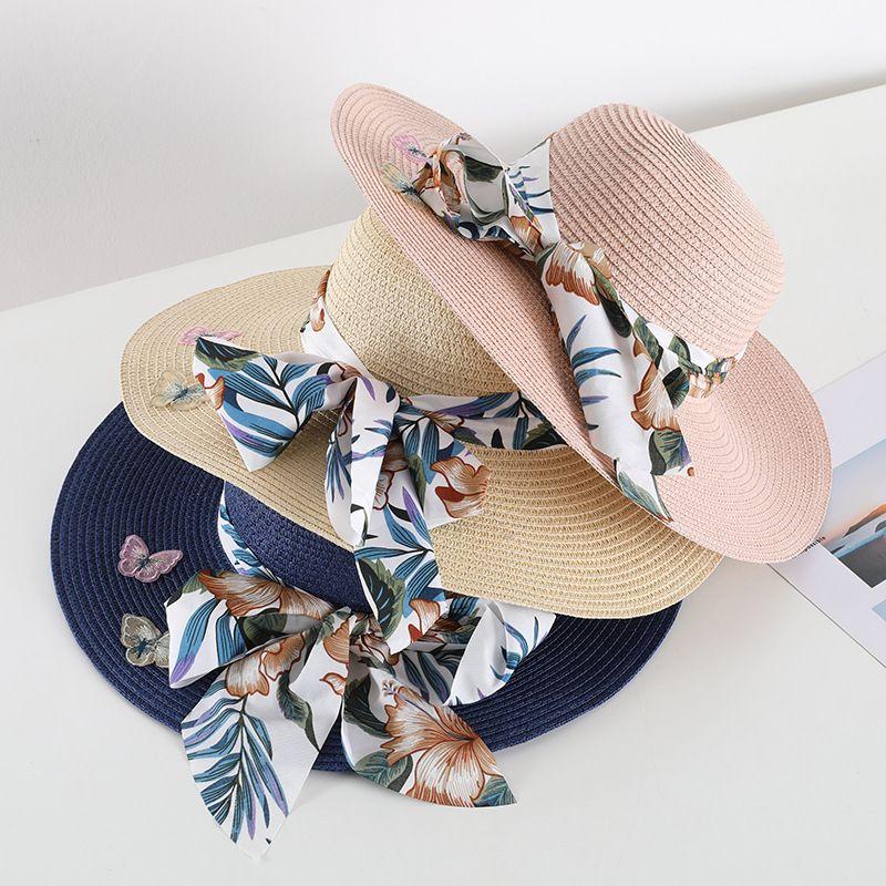 Bohemian Style Sun Protection Straw Hat for Women's Summer Seaside Vacation Bow Shaped Big Brimmed Hat