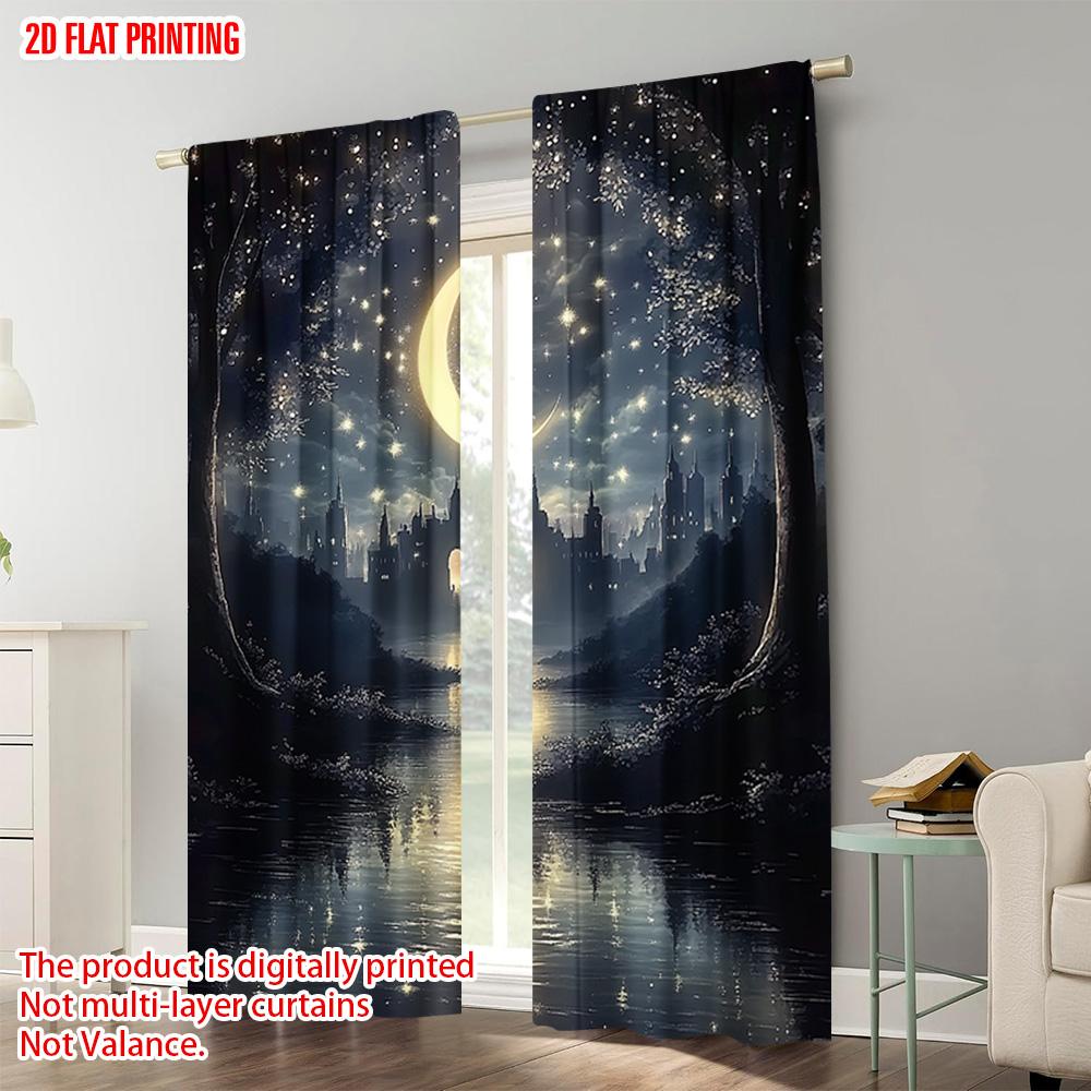 2pcs,2D plane printing Curtains&Window Treatment Starry Night Sky Durable 100% Polyester Fabric (without rod) Festive for Living