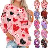 Women's Fashionable Round Neck Shoulder Long Sleeved Valentine's Day Printed Casual Pullover Top
