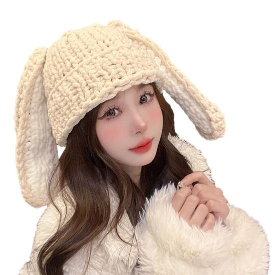 Women Winter Hat Long Bunny Ear Decor Knitted High Elasticity Warm Thick Soft Ear Protection Solid Color Windproof Anti-slip Decorative Lady Cap