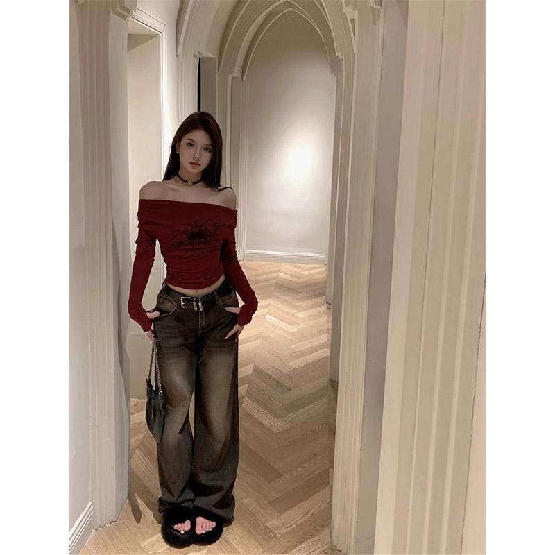 Women Long Sleeve Off Shoulder Y2k Vintage Tops Streetwear Korean Style Crop Tops Autumn T-Shirt