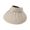Sun Hat Checkered Design Empty Top Full Face Sun Protection Large Eaves Hat with Bowknot Faux Pearls Decor Summer Travel Hat