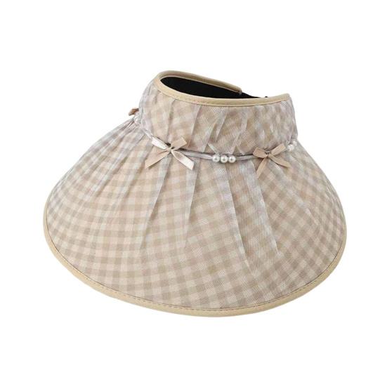 Sun Hat Checkered Design Empty Top Full Face Sun Protection Large Eaves Hat with Bowknot Faux Pearls Decor Summer Travel Hat