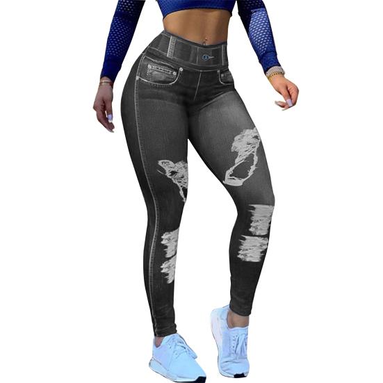 Faux Denim Pants Solid Color Super Elastic Autumn Winter Scratched Pure Color Pants for Yoga