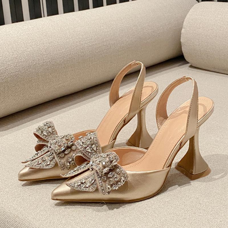 Módní Dámské Lodičky s Flitry a Křišťálovou Mašlí, Sexy Špičaté Červené Vysoké Podpatky, Svatební Banketové Boty, Dámské Sandály Slingback