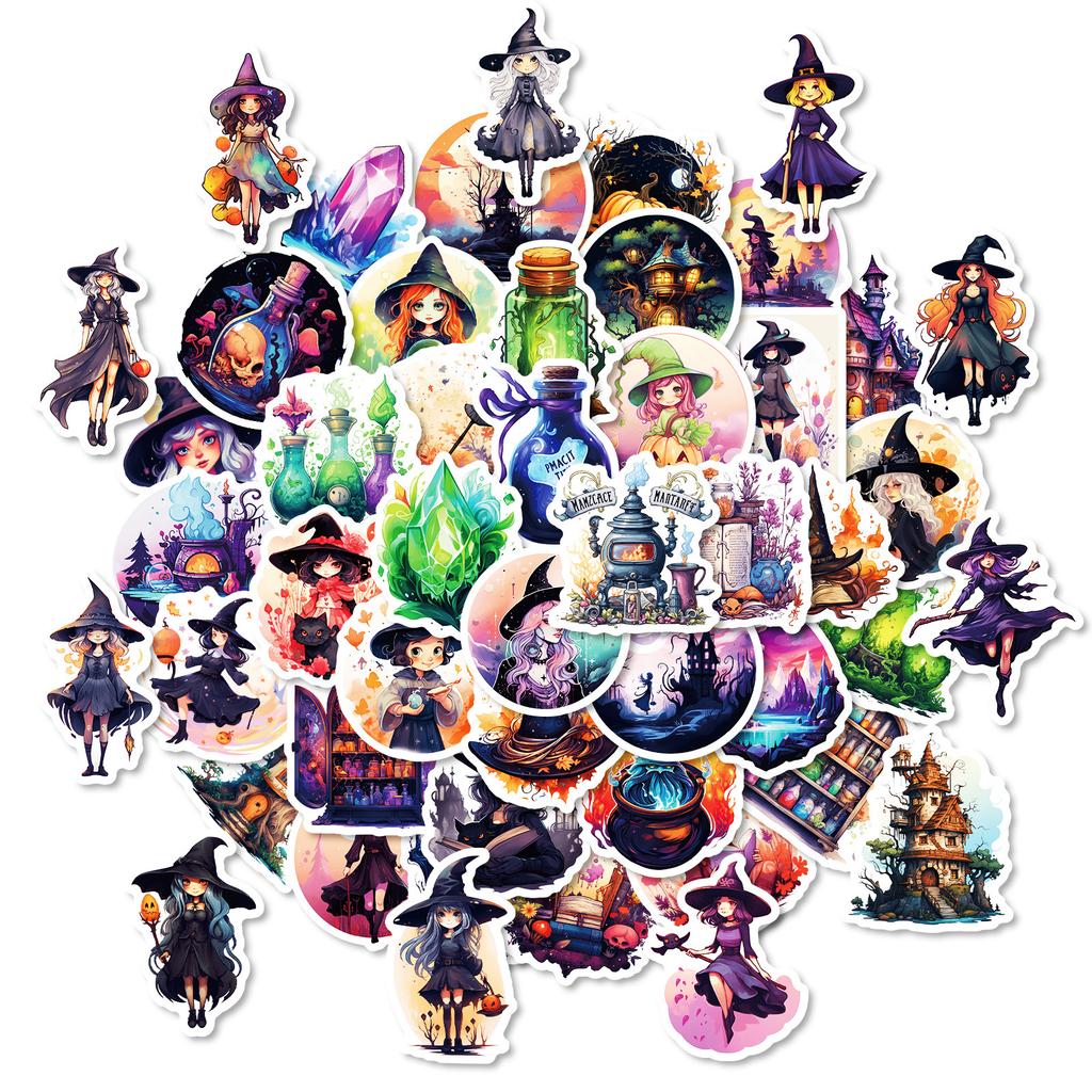 50pc/pack  Halloween Gothic Aesthetic Stickers, Waterproof Retro Witch Stickers DIY Decorative Stickers for Phone Bag Kettle Kid
