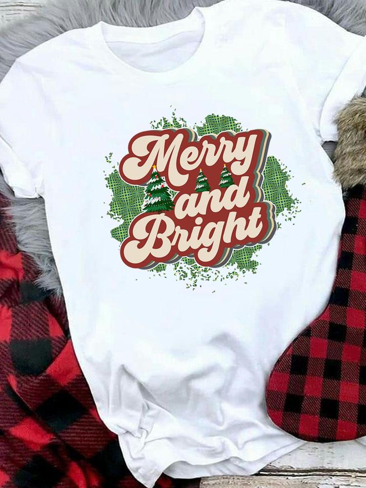 (Asian Size) Sweet Lovely 90s Merry Christmas Tee Top Festival New Year Holiday Casual Lady Short Sleeve Fashion Women Print Graphic T-shirts