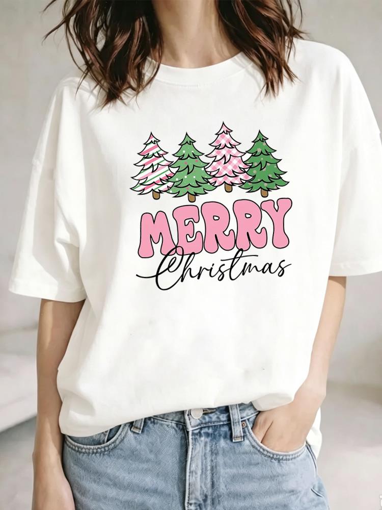 (Asian Size) Leopard Plaid Tree Christmas Festival Tee Top New Year Clothing T Shirt Women Fashion Print Female Woman Short Sleeve Graphic T-shirts