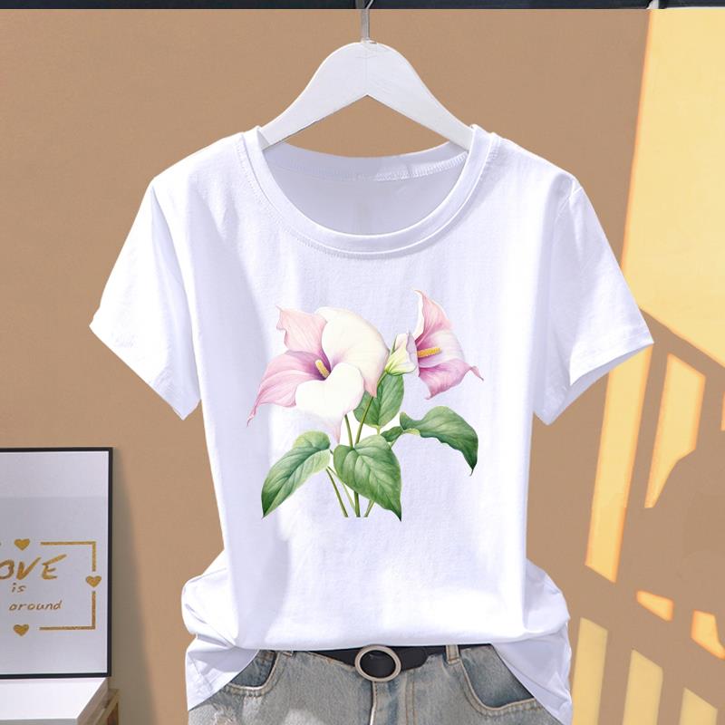 (Asian Size) Graphic Tee T Clothing Casual Fashion Trend Flower Cute 90s Print Female Casual Women's Top Lady Short Sleeve T-shirt