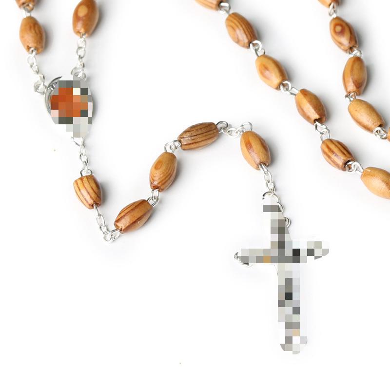 Natural Wood Rosary Necklace with Holy Land Cross