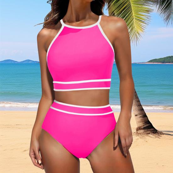 2Pcs/Set Women Bikini Set Halter Racer Back Bra High Waist Swimming Briefs Set Sporty Color Block Swimsuit