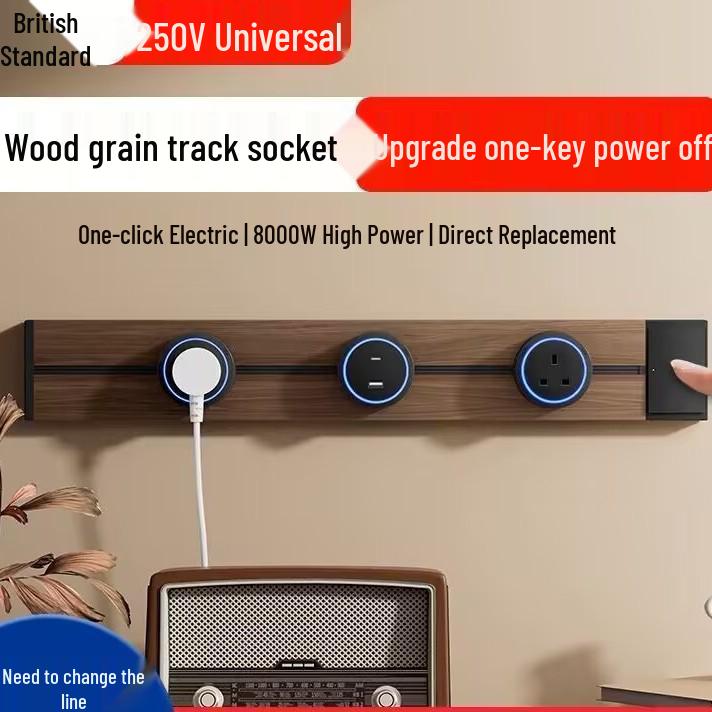 Retro Black Walnut Wood Grain Track Socket with USB Power Strip - Multi-functional British Design