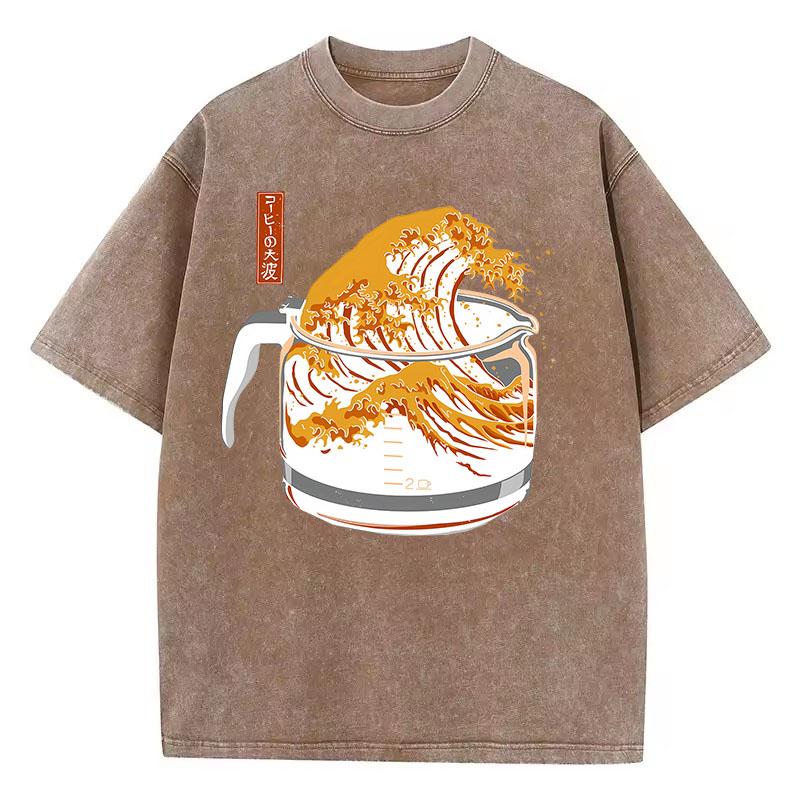 Retro T Shirt Vintage Washed Cotton TShirt Japanese Style Wave Graphic Tee Casual Streetwear Spring Summer