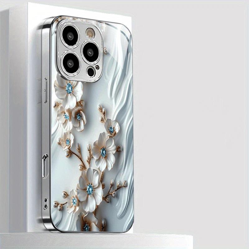 Light  White Gilded Flower Pattern Electroplated Silver Tempered Glass New Phone Case for iPhone 17 16 15 14 13 12 11 etc