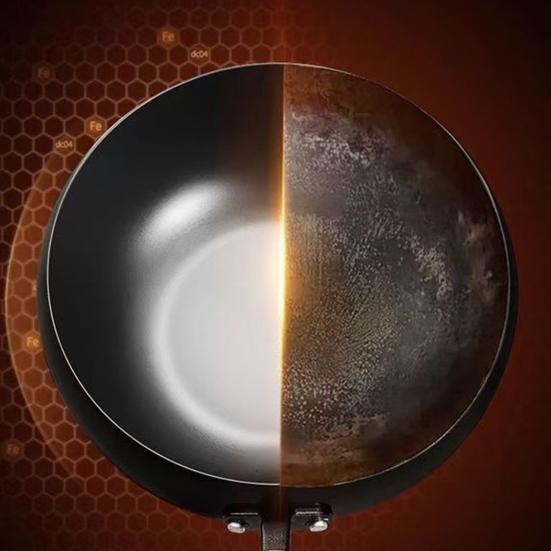 Traditional Wok Hammered Iron Pan with Non-Stick Coating Wooden Handle Frying Pan Japanese Cookware for Gas And Induction Stoves