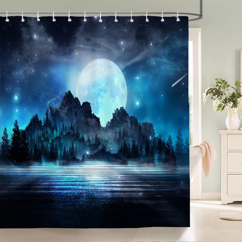 Earth Universe Starry Sky Shower Curtain Bathroom Decoration Waterproof Polyester Cloth Landscape Night Shower Curtains Set Mat
