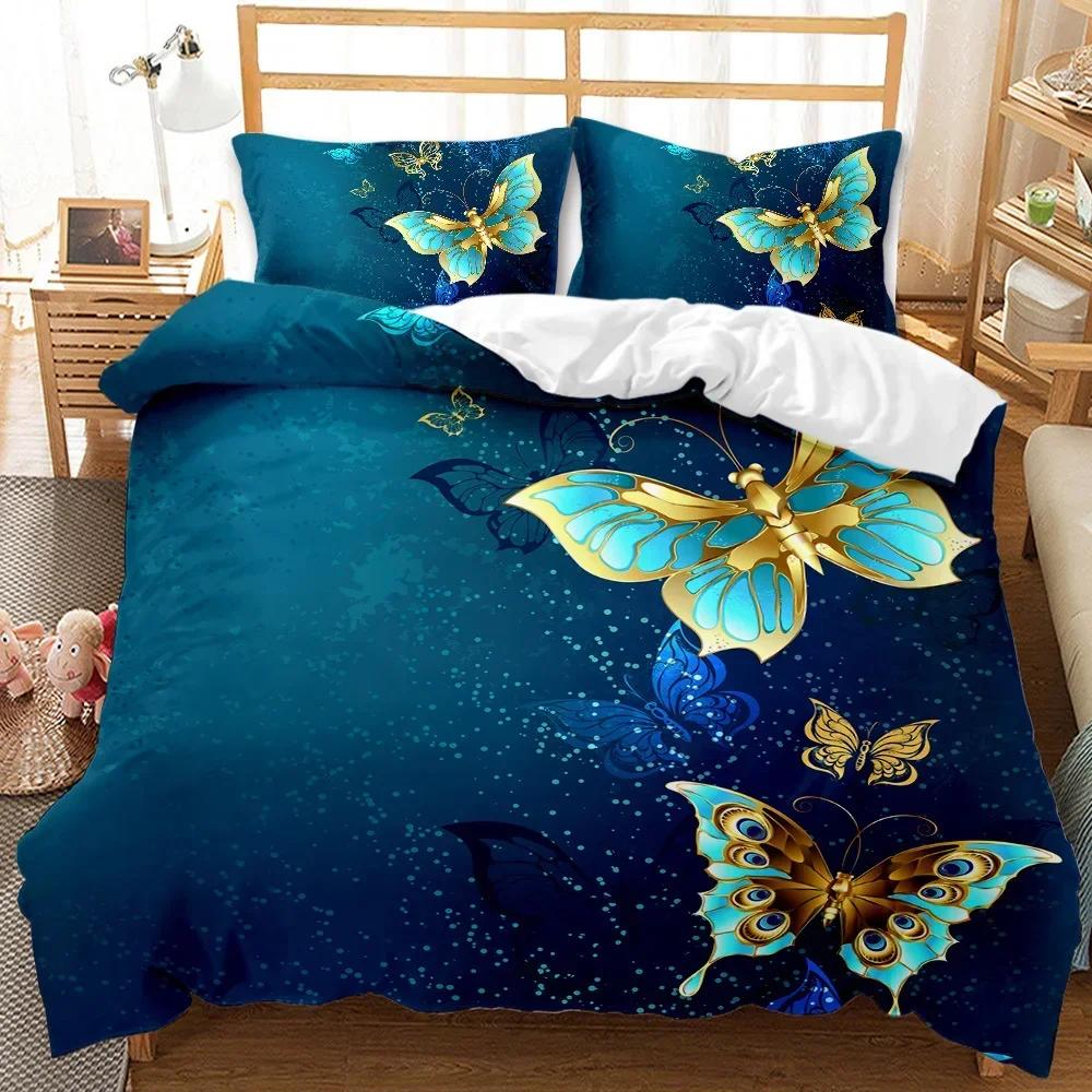 Golden Butterfly Pretty Blue Butterfly Comfortable Duvet Cover Pillowcase Bedding Set Children Bedroom Decoration Home Textile