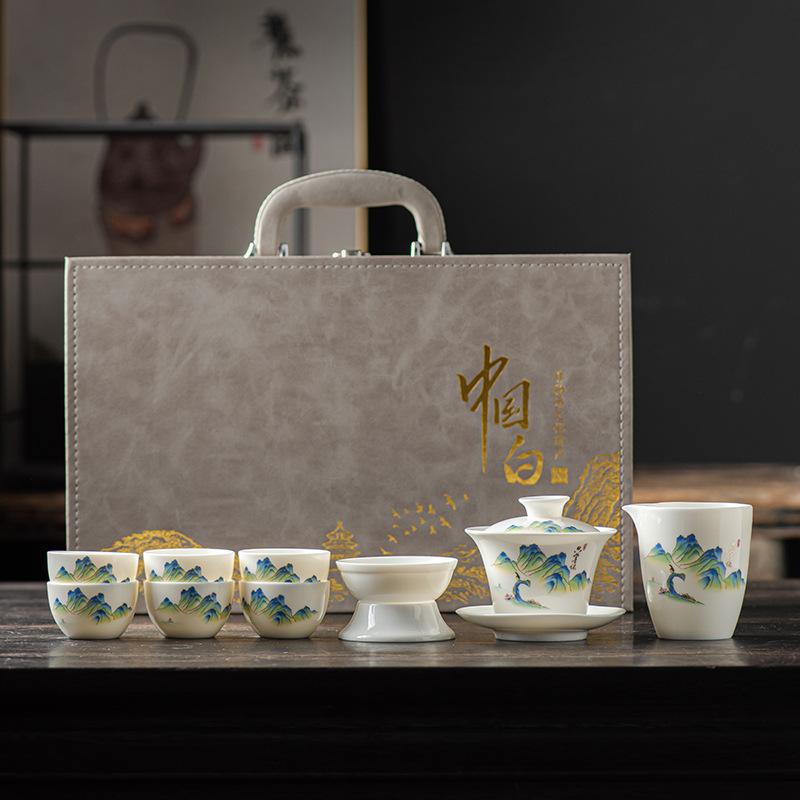 Suet Jade White Porcelain Kung Fu Tea Set Home Office Teapot Cover Bowl Teacup Ceramic High-end Gift Box Gift