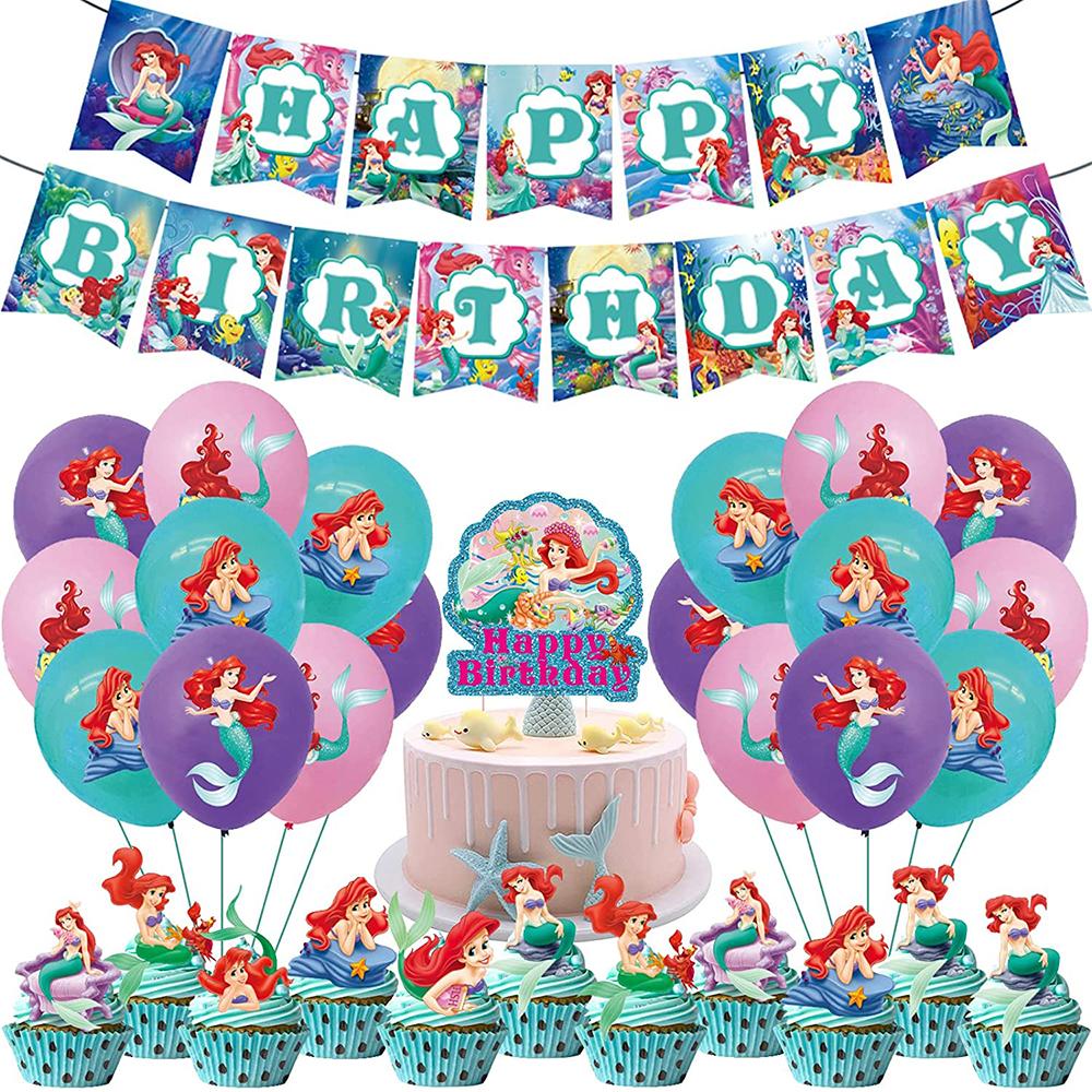Narozeninový banner s mořskou pannou s ozdobou na cupcake + Balónky Dekorace na narozeninovou oslavu
