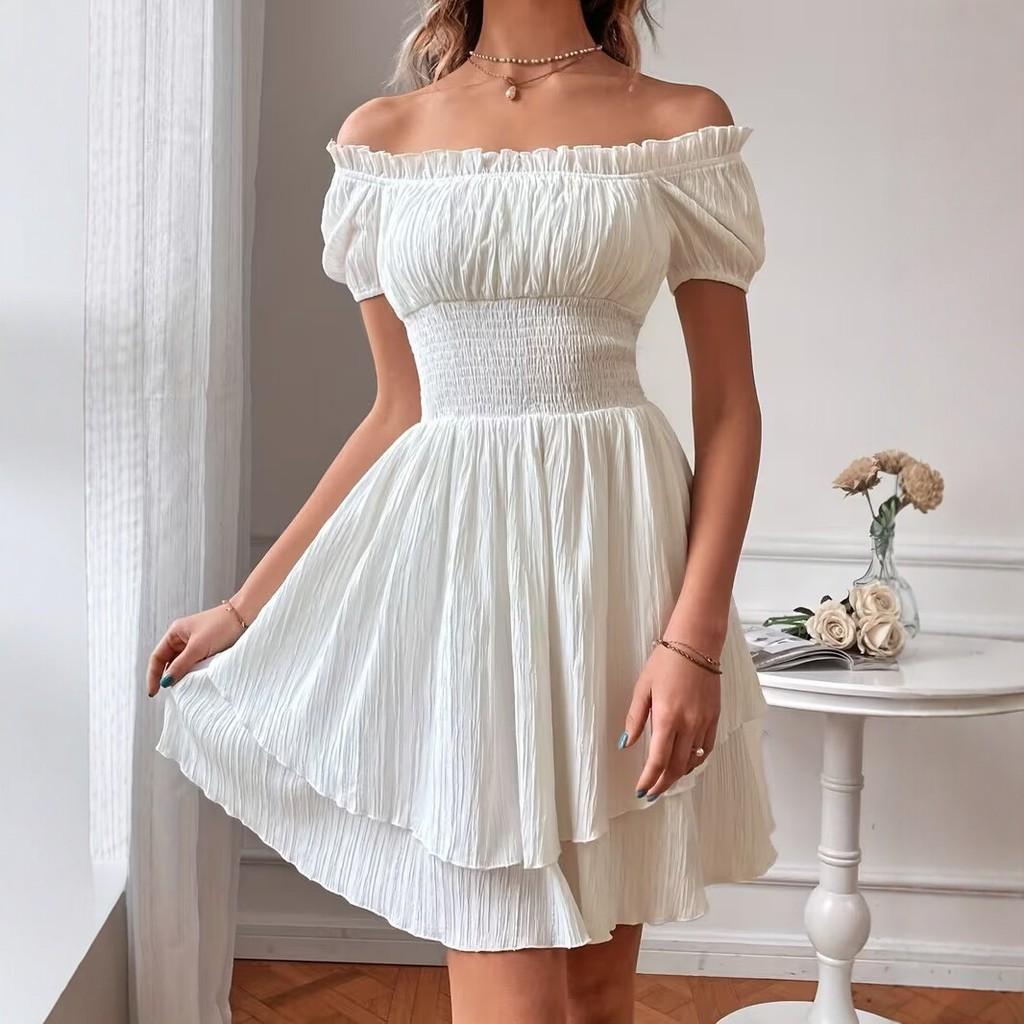 Klassieke Zomerjurk Met Ruches En Pofmouwen Voor Casual Kleding voor Dames