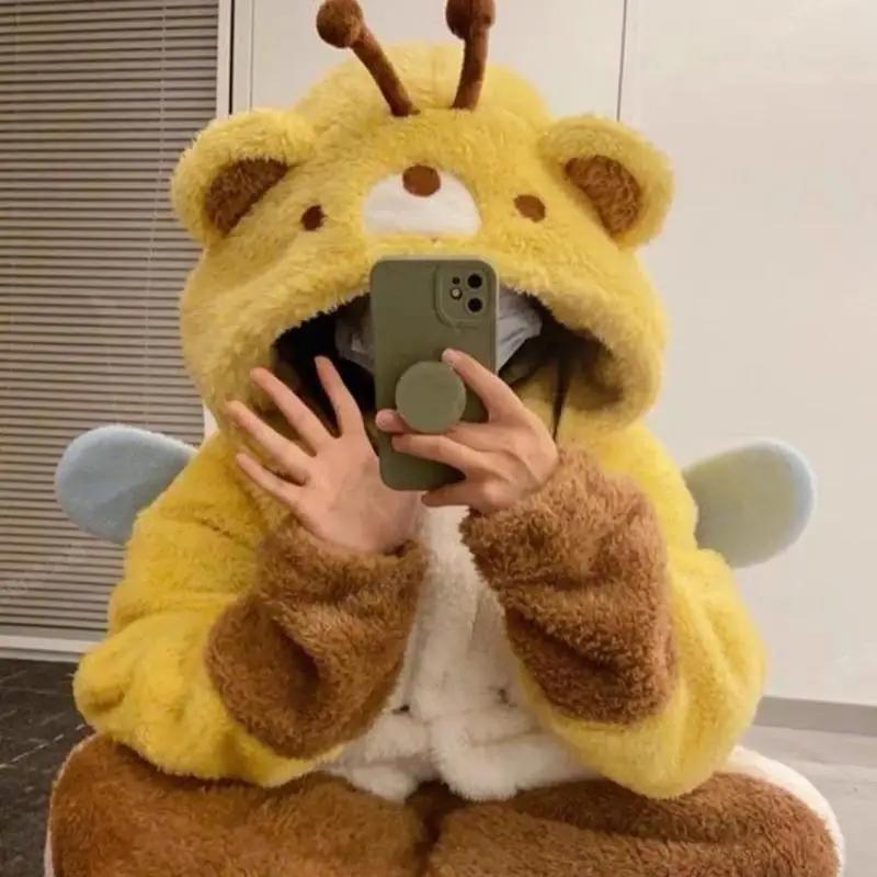 Damen Niedlicher Bademantel Plüsch Dicke Nachtwäsche Verdickt Warm Flanell Cartoon Schlafsack Tier Einteiler Pyjama Herren Damen Hauskleidung