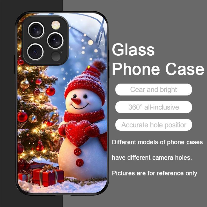 Custodia per Telefono in Vetro Temperato Carina con Pupazzo di Neve Invernale e Albero di Natale per iPhone 17 16 Pro Max 15 14 13 12 Mini 11 X XS XR 7 8 Plus Cover