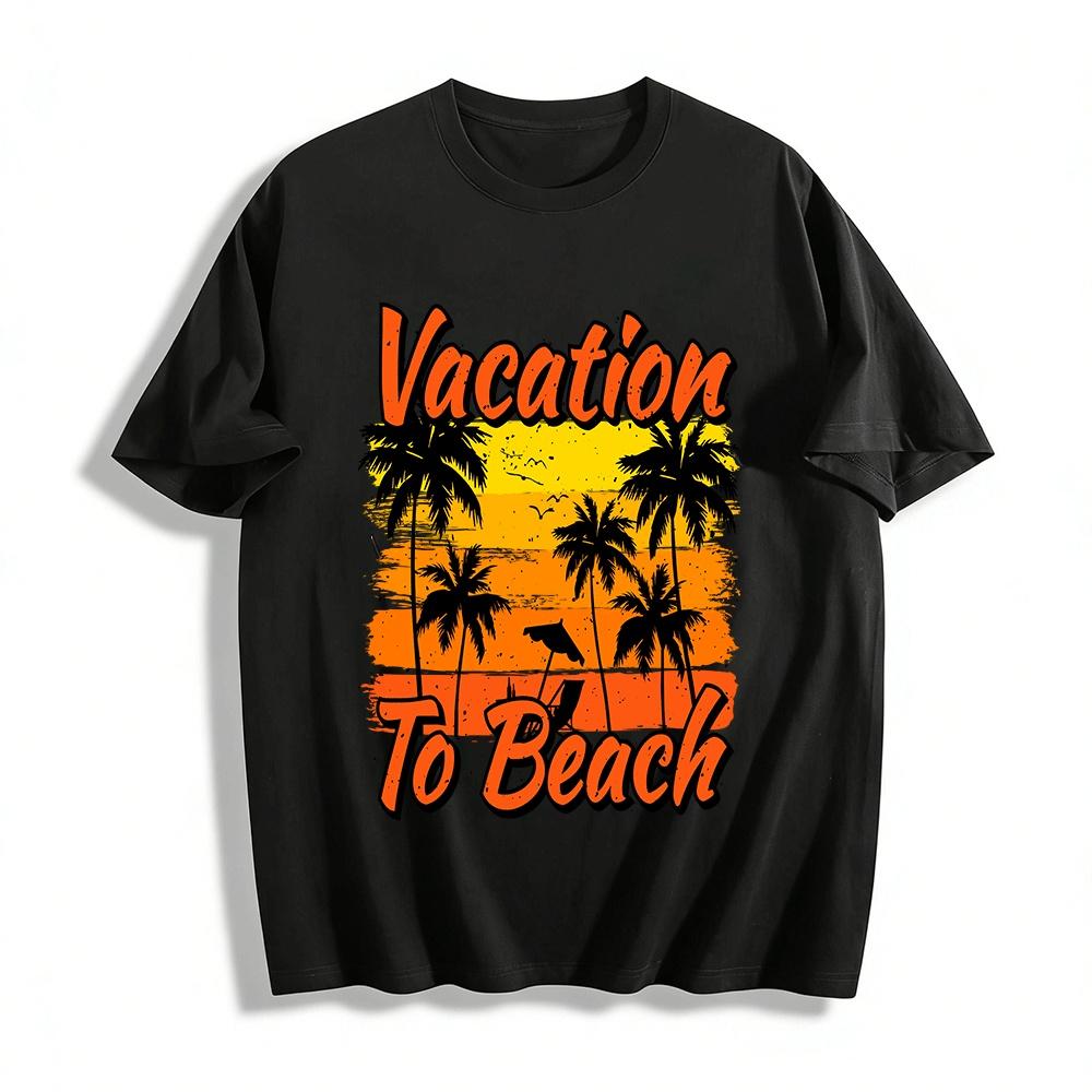 Retro Beach Vacation Print Tee Coconut Tree Sunset Holiday Top Pure Cotton T-shirt