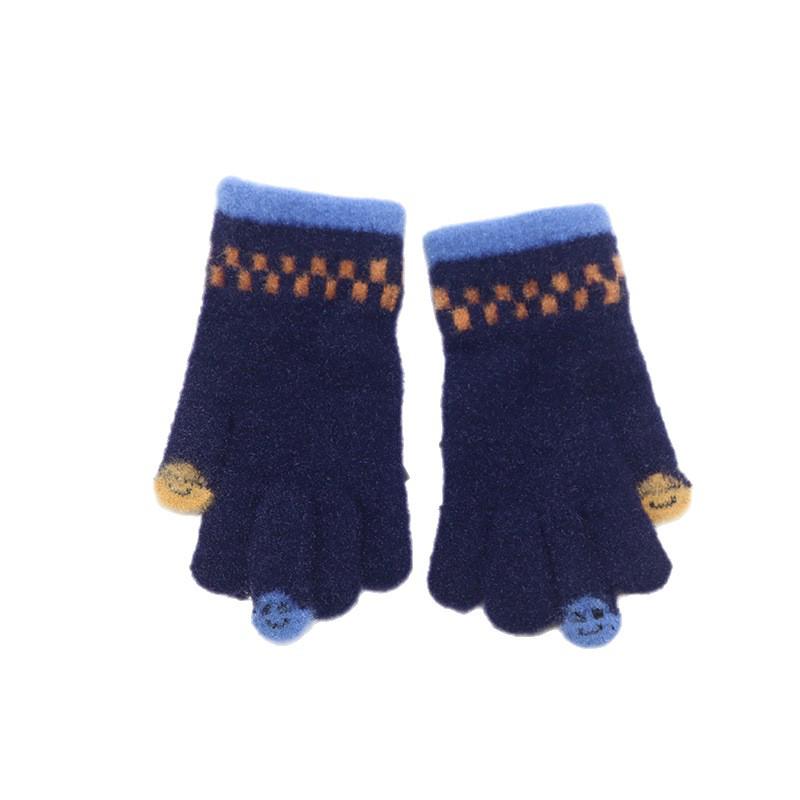 Winter Warm Cartoon Plaid Gloves for Kids - Five-Finger, Thickened, Cold-Proof, Smiley Design for Boys and Girls