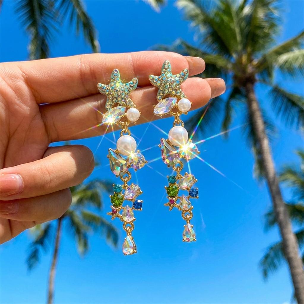 Boho Starfish Coral Dangle Earring for Women Imitation Pearl Colorful Zircon Long Tassel Drop Earring Summer Beach Ocean Jewelry