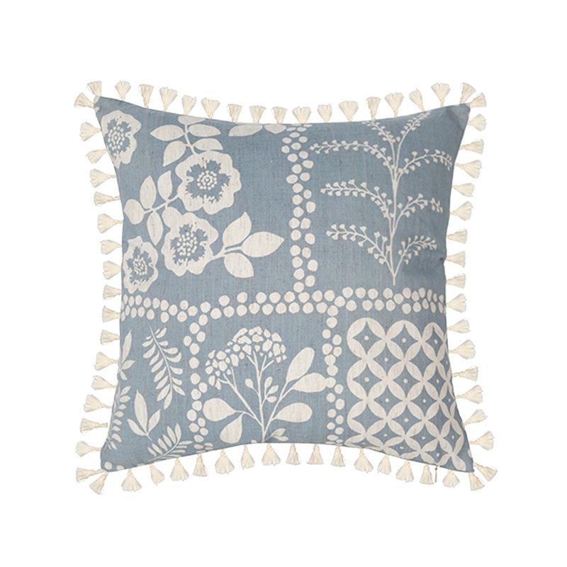 Boho Vintage Pillow Cover 45x45 Cm, Blue Decorative Cushion Cover with Tassles for Sofa Armchair, Living Room Bedroom Decor