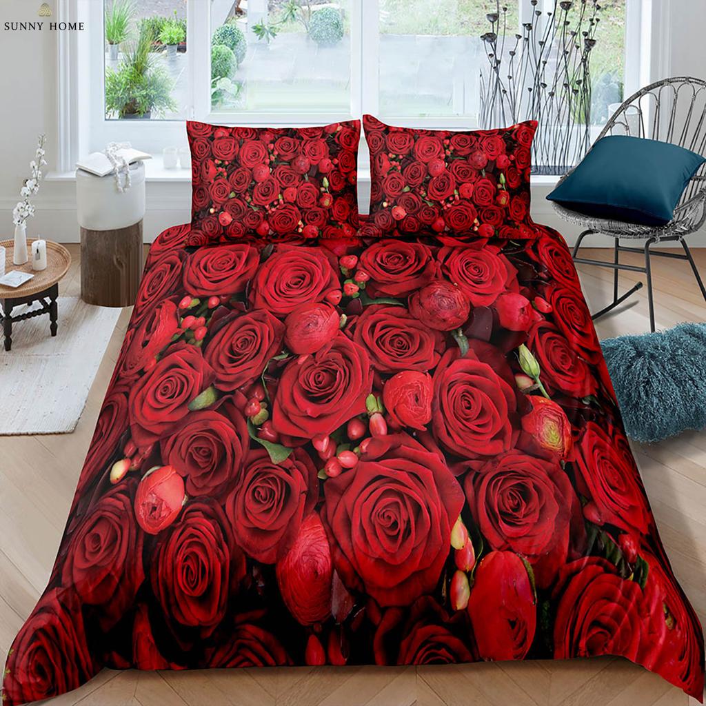 Regalo di San Valentino Romantico Retrò Rosa Rossa Stampa 3D Copripiumino Set Biancheria da Letto Copripiumino Federa Set da Tre Pezzi