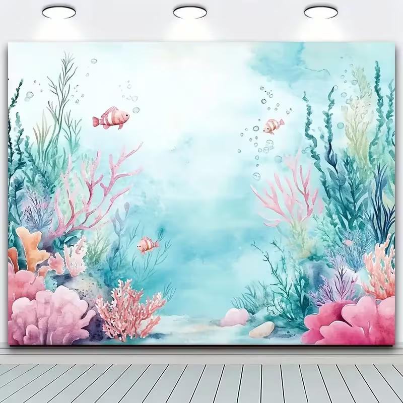 2D Watercolor Underwater Backdrop, Pastel Coral Reef and Fish Photography Background