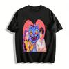 Trendy Blue Cat & Purple-haired Girl Print Couple T-shirts Loose Casual Tops For Men And Women Pure Cotton T-shirt