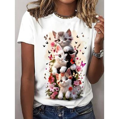 Söt T-shirt för kvinnor med katttryck Mjuk kortärmad rundhalsad T-shirt med livligt katttryckt design Casual topp för vår/sommar