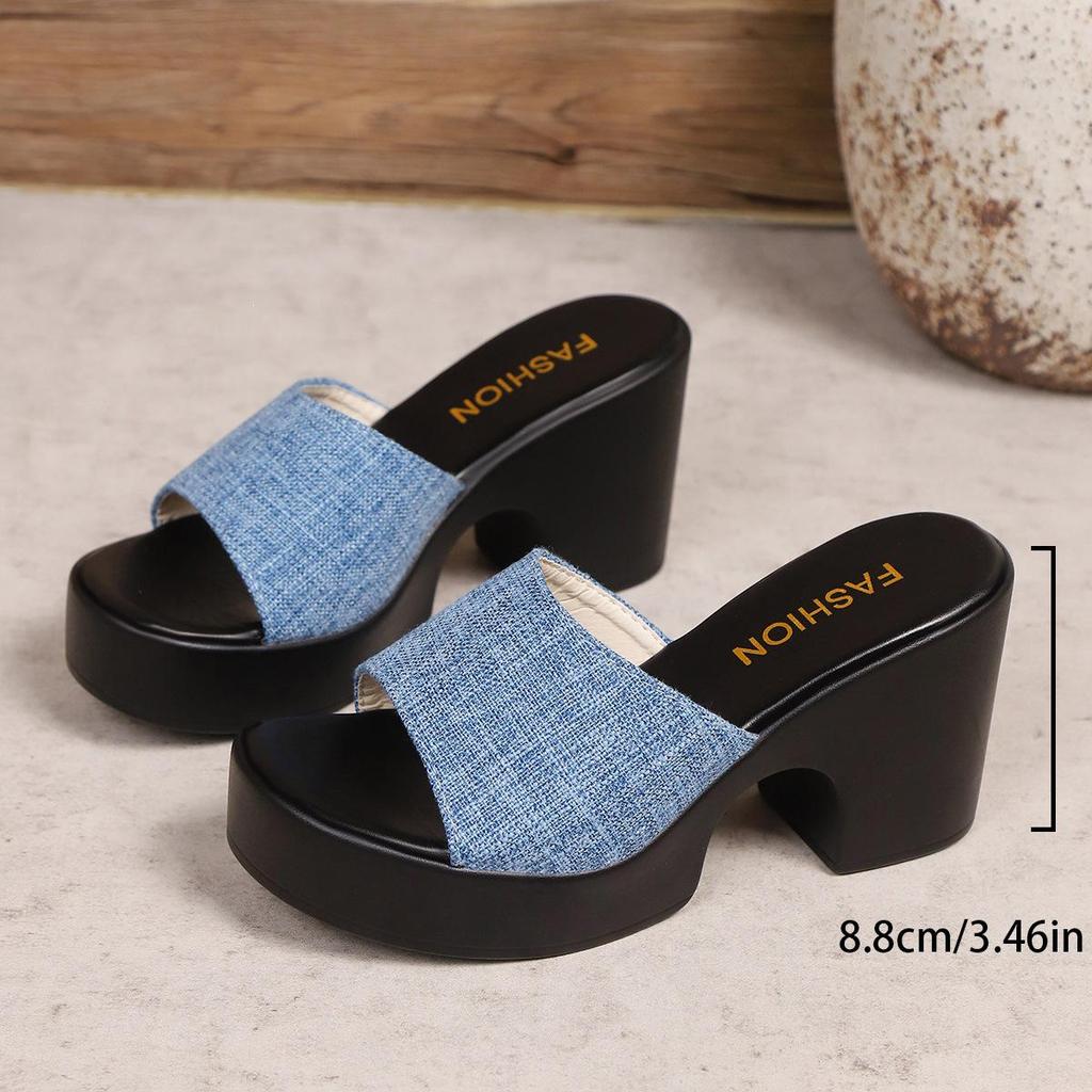 Women's Plus Size Chunky Heel Denim Sandals – Summer 2025 Collection, Size 43