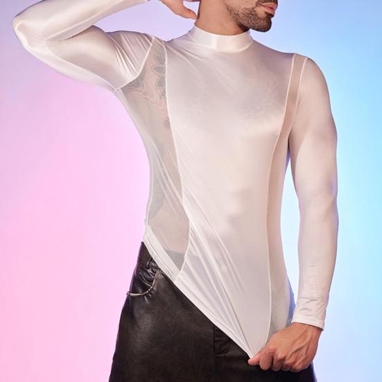 Men Sexy Mesh T-Shirt Oil Glossy Shiny Top Patchwork Tight-Fit Top Breathable Long Sleeve Shirt Elastic Skinny Jacket for Daily Party Club