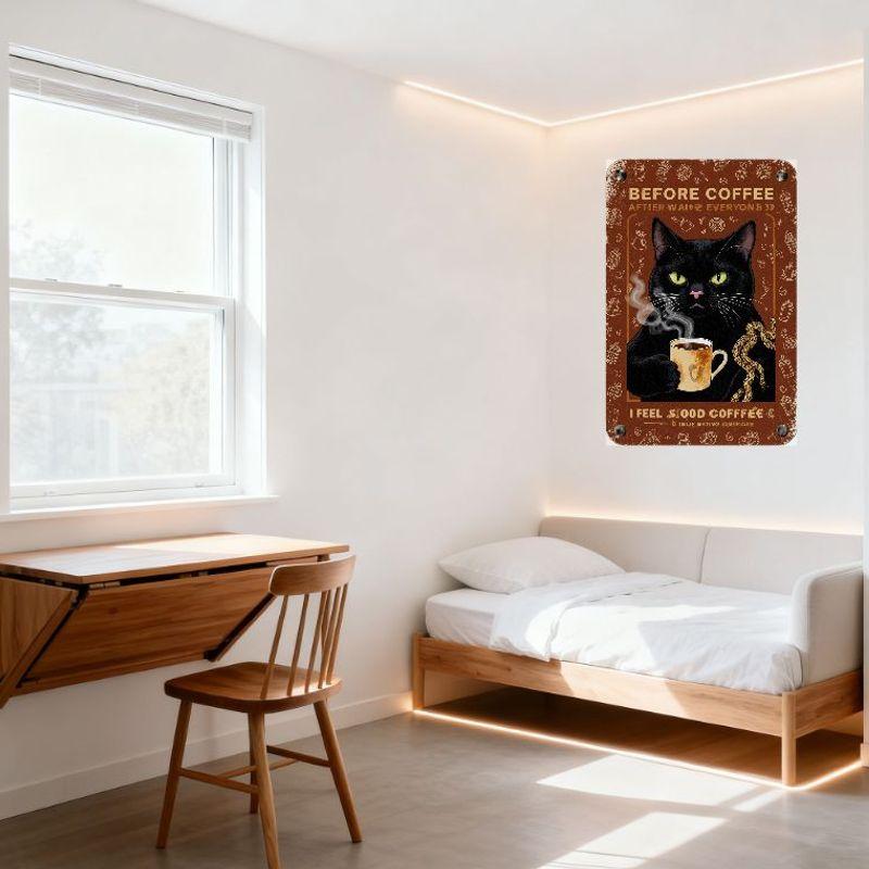 Plaque Métallique Vintage Marron avec Chat au Café Tenant une Tasse à Café, Icônes de Café Rétro, Décoration Murale pour Maison Café Bar Métal Pos