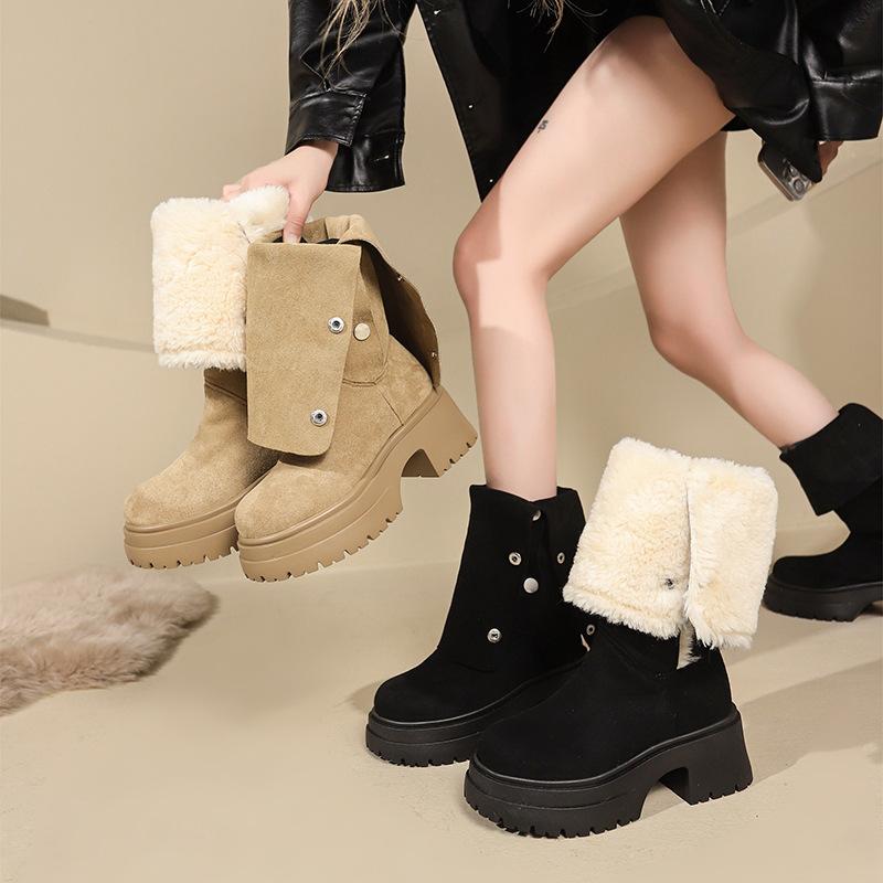 Fashion Design Thick Sole Height Increase Long Boots Women Suede Mid Calf Knight Boots Chunky Heel Warm Western Boots Casual Women Shoes