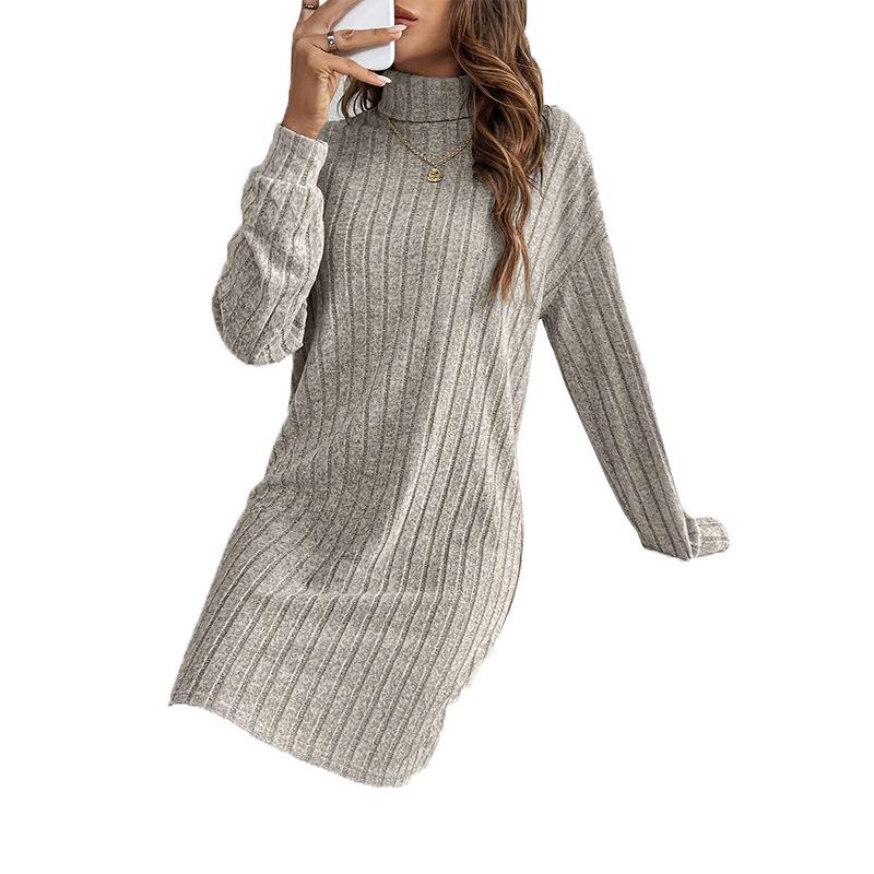 2024 Fall/Winter Women's Casual Solid Color High Neck Long Sleeve Knitted Dress