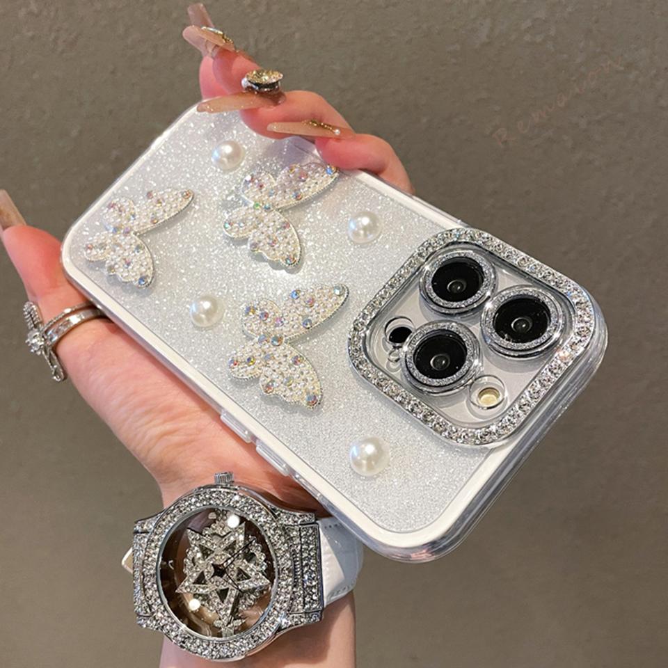 Bling Glitter Parel Vlinder Siliconen Telefoonhoesje Voor iPhone 16 15 14 13 12 11 Pro Max Plus Luxe Beschermer Schokbestendige Hoes