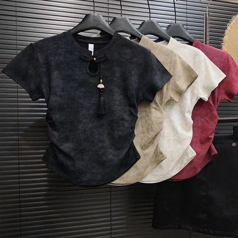 Sommar kort t-shirt i Qipao-stil för kvinnor: Ståkrage, Normal axel, Kort ärm, Hög midja, Stor storlek, Het Ny kinesisk stil